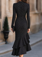 Polka Dot Mock Neck Ruffle Mermaid Maxi Dress