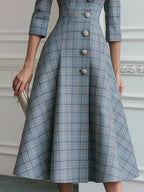 Plaid Portrait-Collar Button-Front A-Line Midi Dress