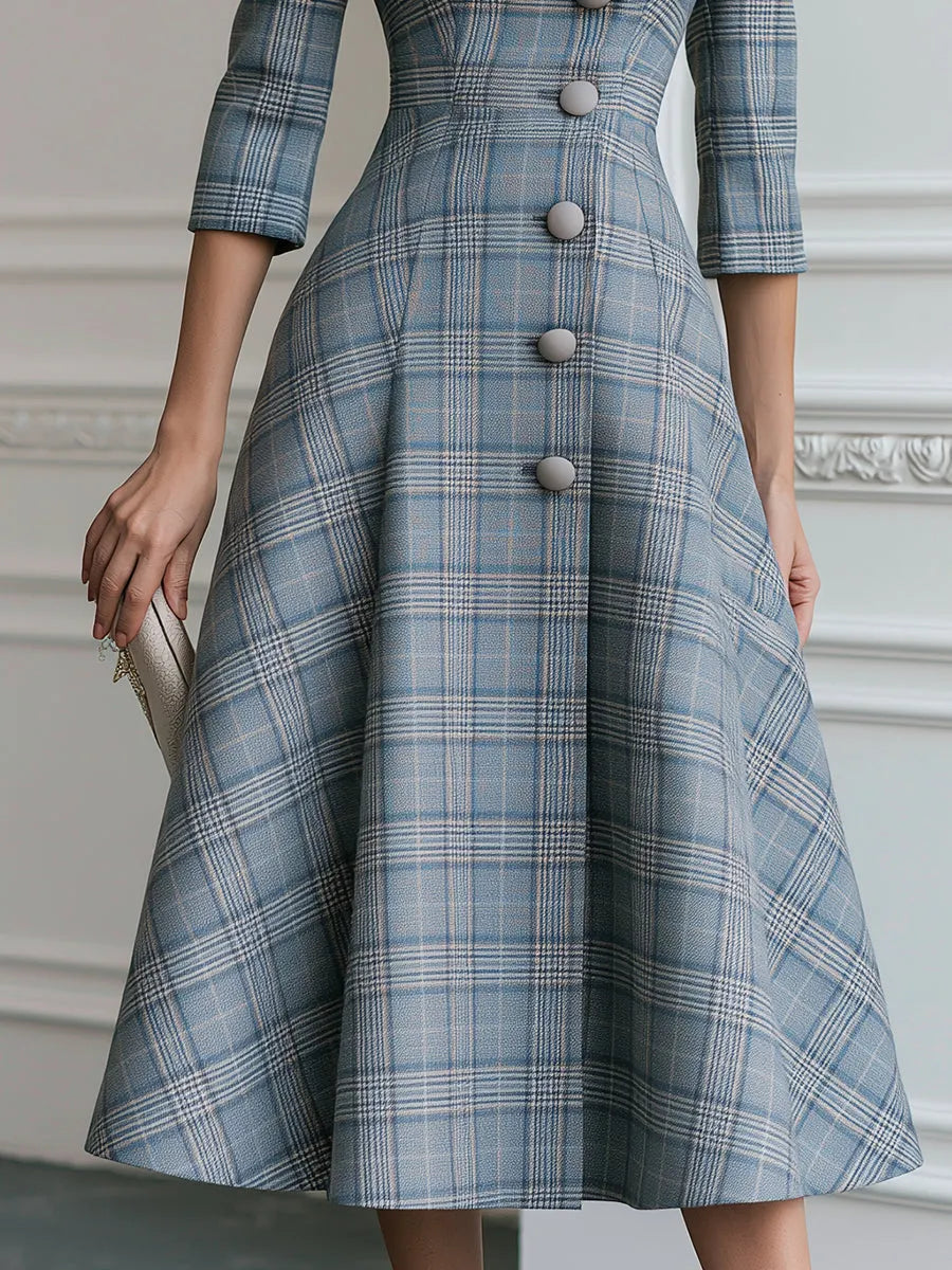 Plaid Portrait-Collar Button-Front A-Line Midi Dress