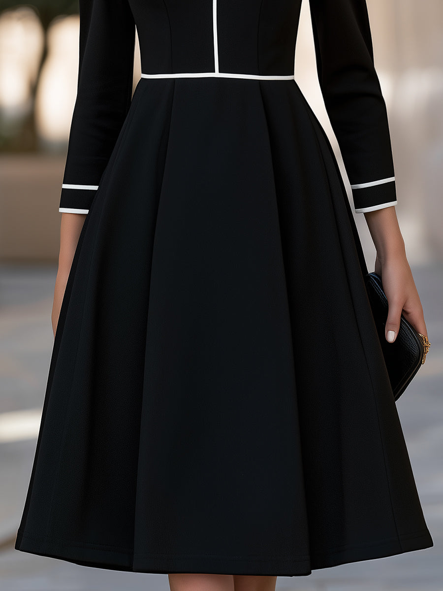 Contrast Trim Square Neck A-Line Midi Dress