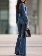 Denim Long Sleeve Flare Leg Jumpsuit With Belt