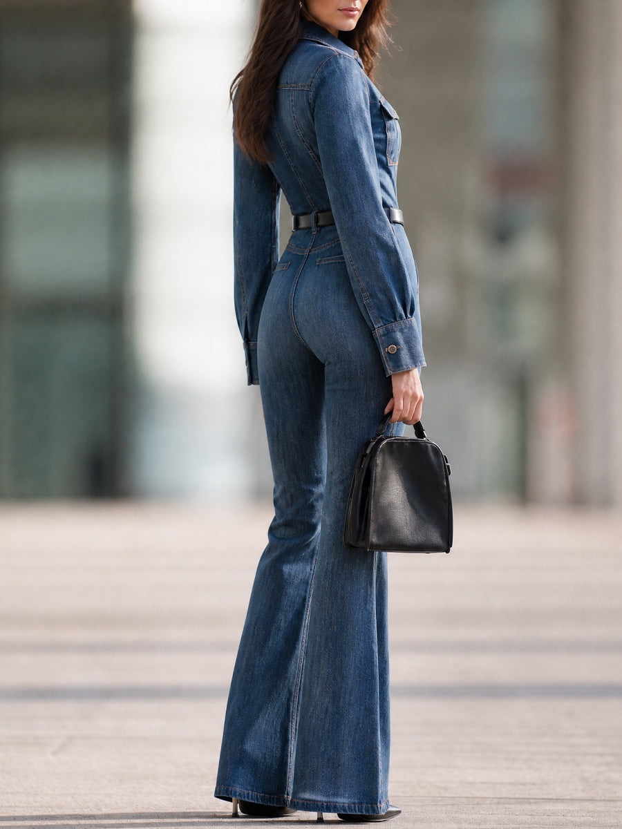 Denim Long Sleeve Flare Leg Jumpsuit With Belt