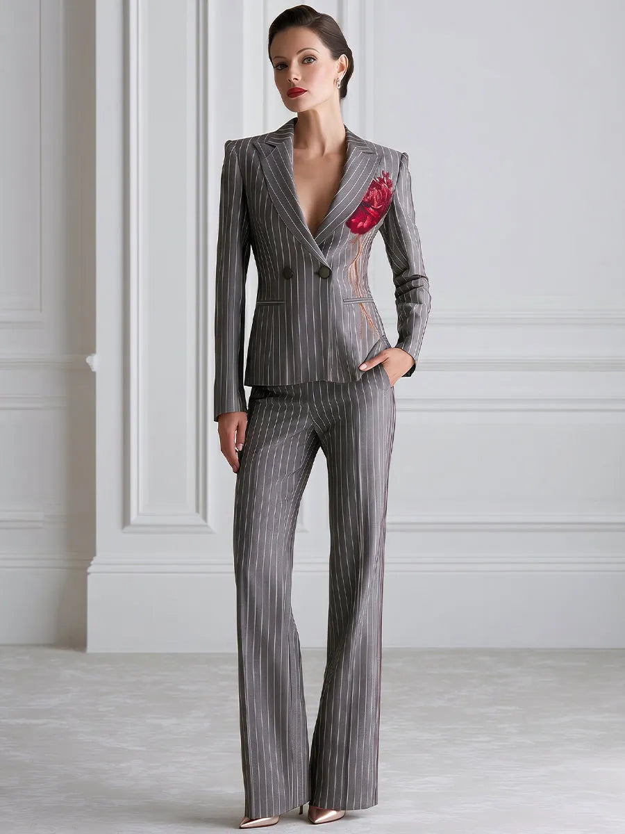 Rose Print Pinstripe Blazer And Flared Trouser Suit