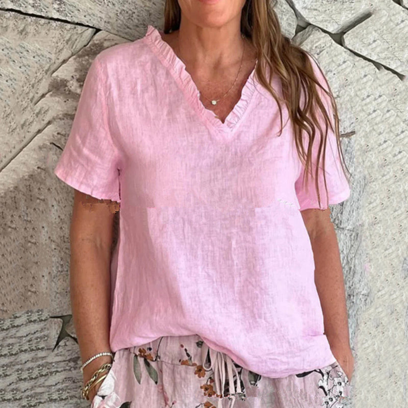 Women's Vintage Lace Cotton And Linen V-neck T-shirt