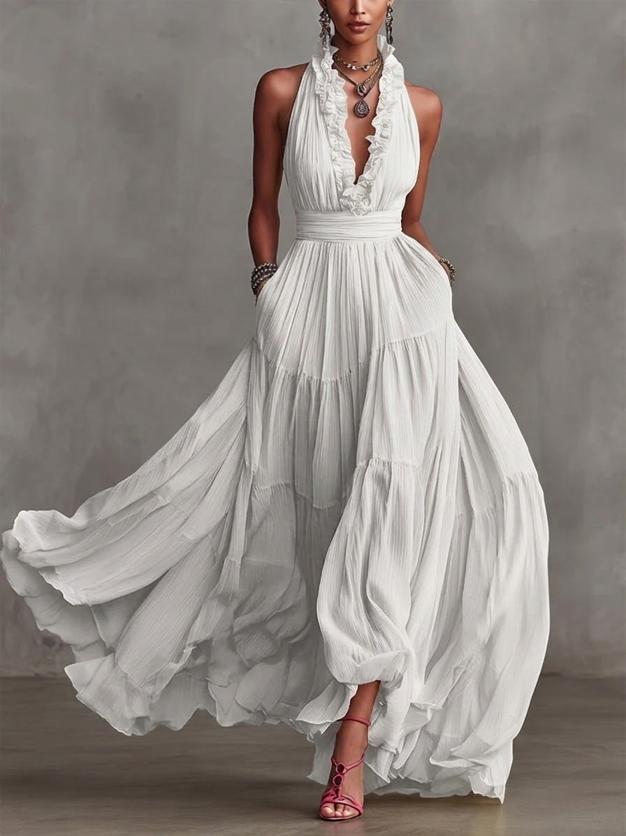 Stylish And Flowing Ruffled Collar Maxi Dress