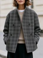 Grey Plaid Stand Collar Double-Breasted Cropped Wool Jacket