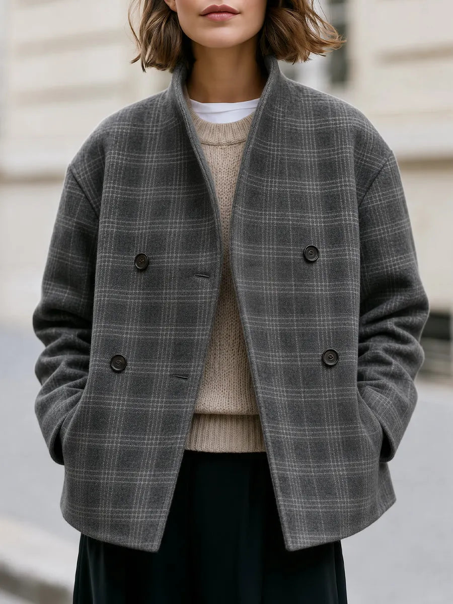 Grey Plaid Stand Collar Double-Breasted Cropped Wool Jacket