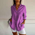 Casual Single Breasted Pleated Lapel Solid Color Cotton Linen Shirt