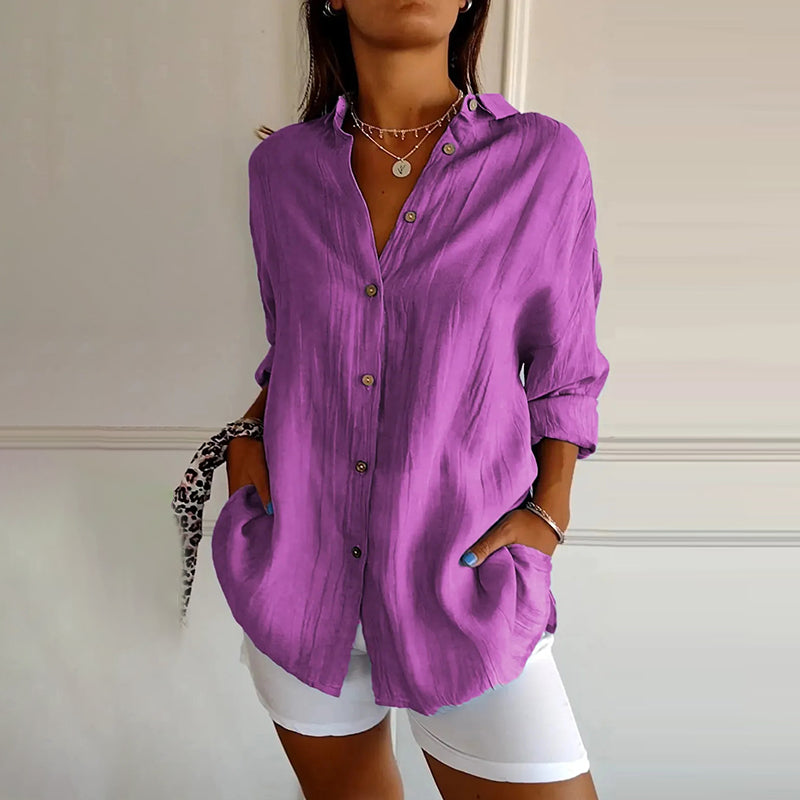 Casual Single Breasted Pleated Lapel Solid Color Cotton Linen Shirt
