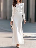 Elegant Cowl Neck Long Sleeve Maxi Dress with Lace Trim