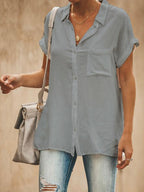 Solid Color Batwing Sleeve Pocket Shirt