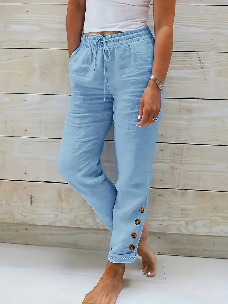 Solid Color Drawstring Waist Cotton Pants