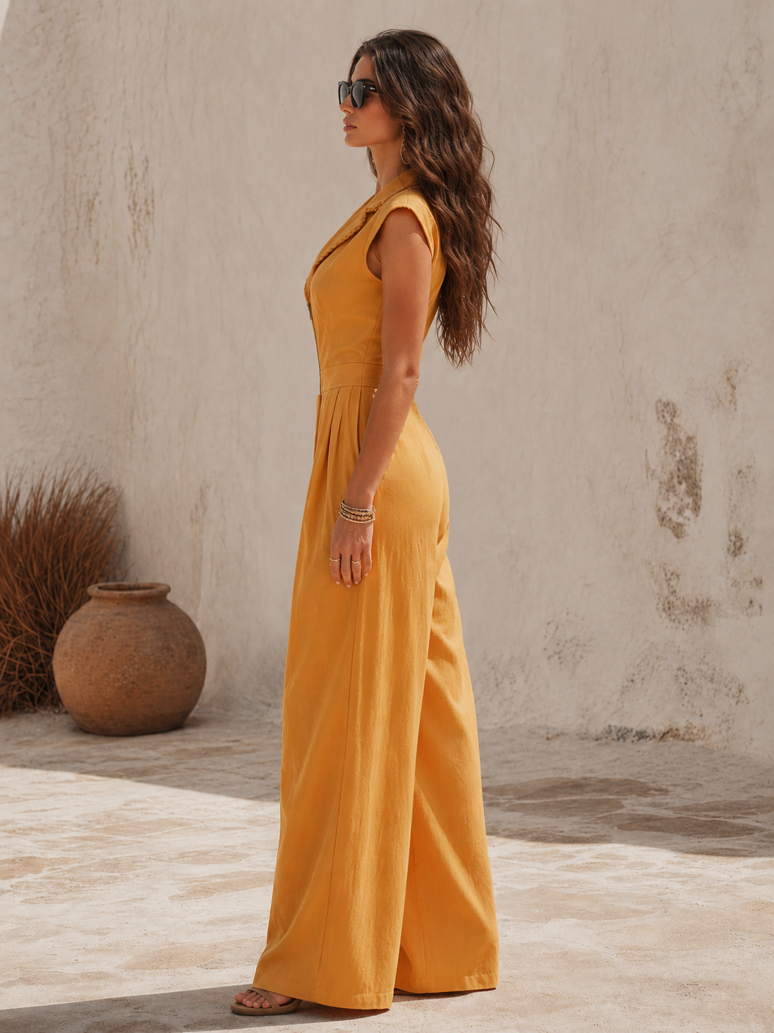 Bohemian Retro Western Lapel Sleeveless Cotton-Linen Jumpsuit