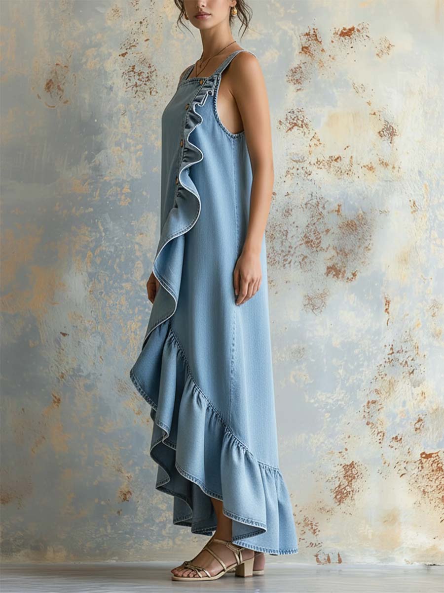 Women's Retro Ruffled Art Stylish Button Casual No Sleeve Denim Dress