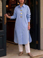 Casual Long-sleeve Cotton Long Shirt With Side Slits