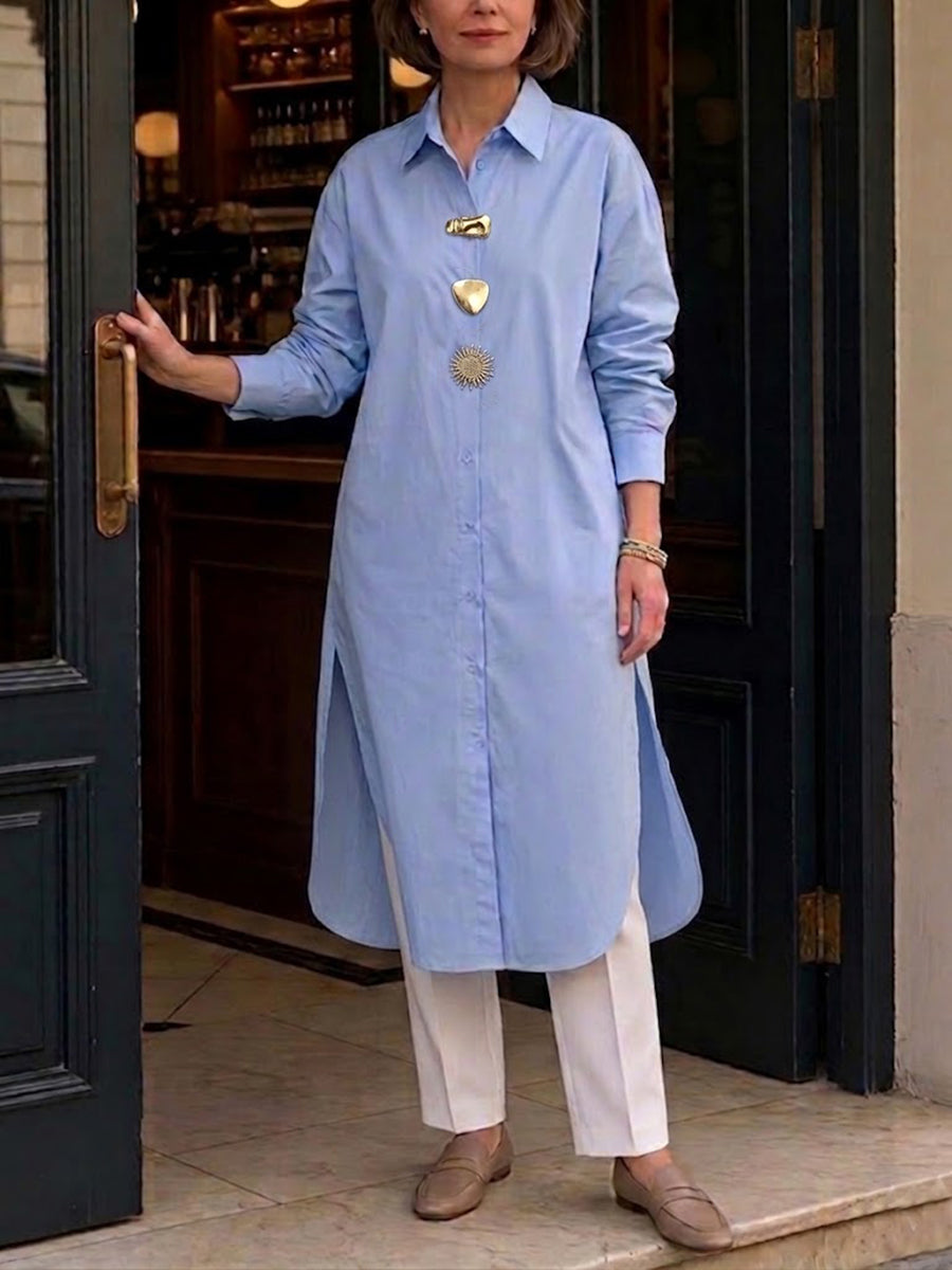 Casual Long-sleeve Cotton Long Shirt With Side Slits