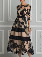Black Lace Elegant A Line Midi Dress