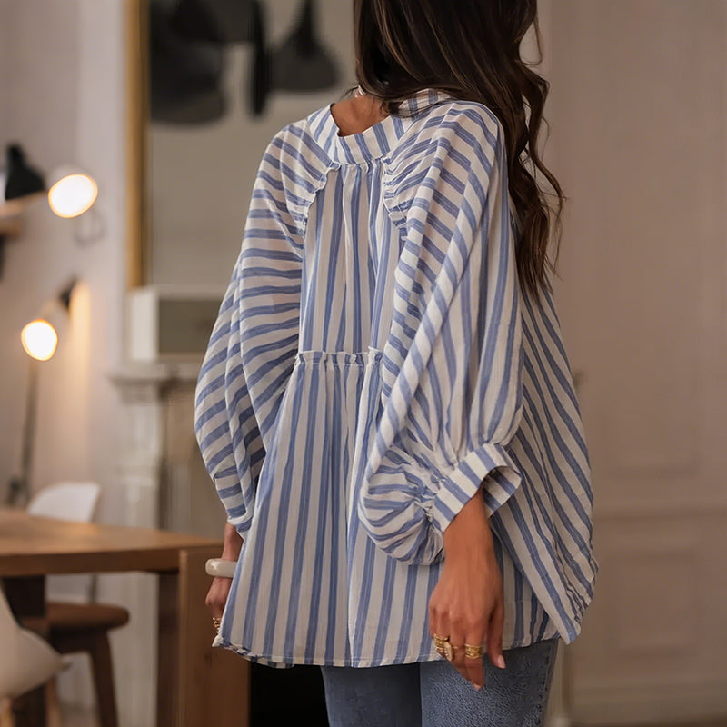 Women's Elegant Stripes Cotton And Linen Top