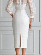 White Dress Sheer Plaid Puff Sleeve Pencil Midi Dress
