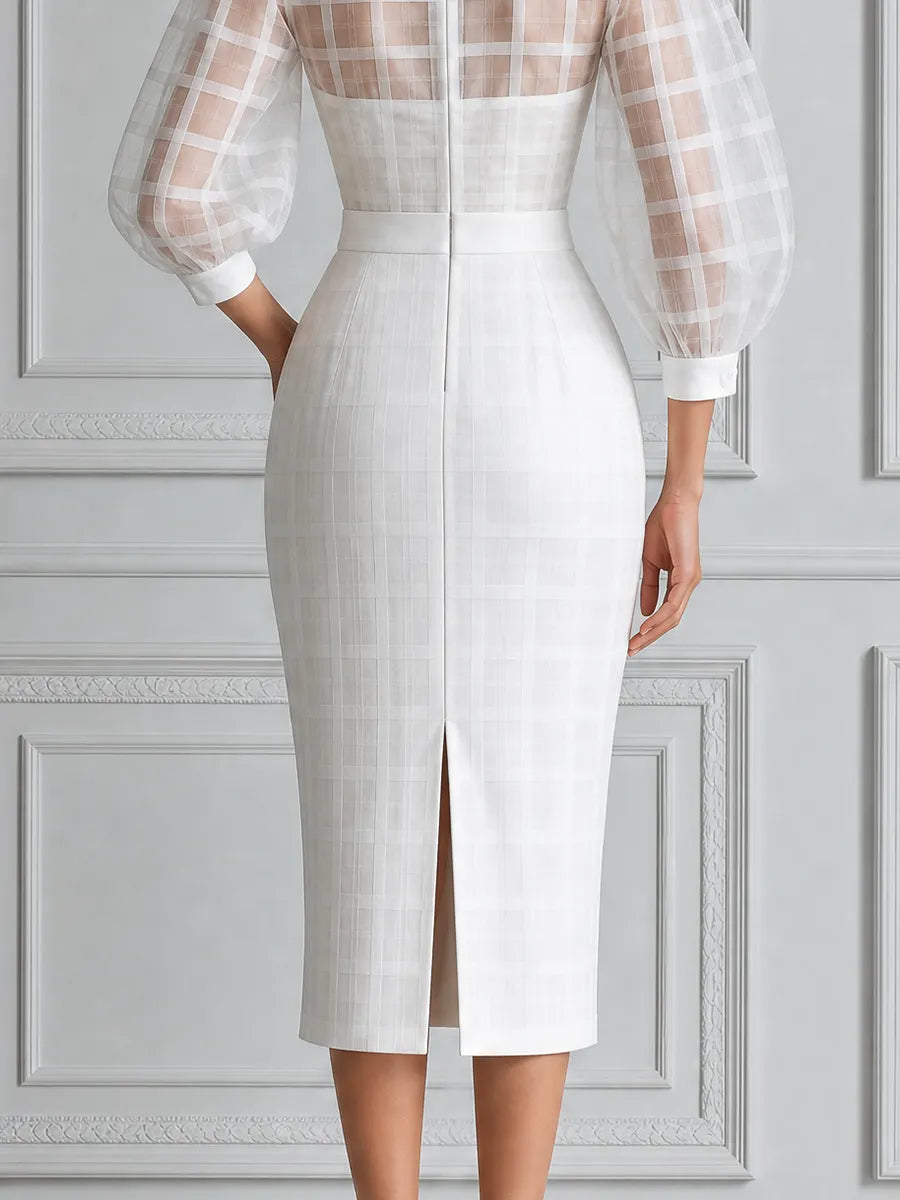 White Dress Sheer Plaid Puff Sleeve Pencil Midi Dress