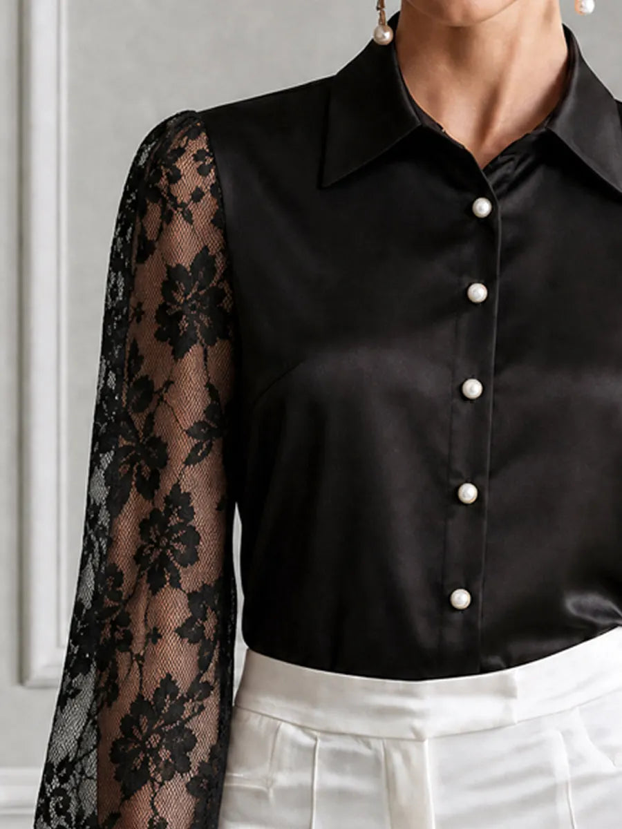 Collared Floral Lace Puff Long Sleeves Satin Blouse
