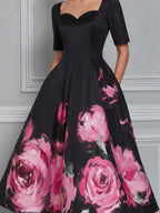 Black Watercolor Pink Rose Print Sweetheart Neck Fit And Flare Midi Dress
