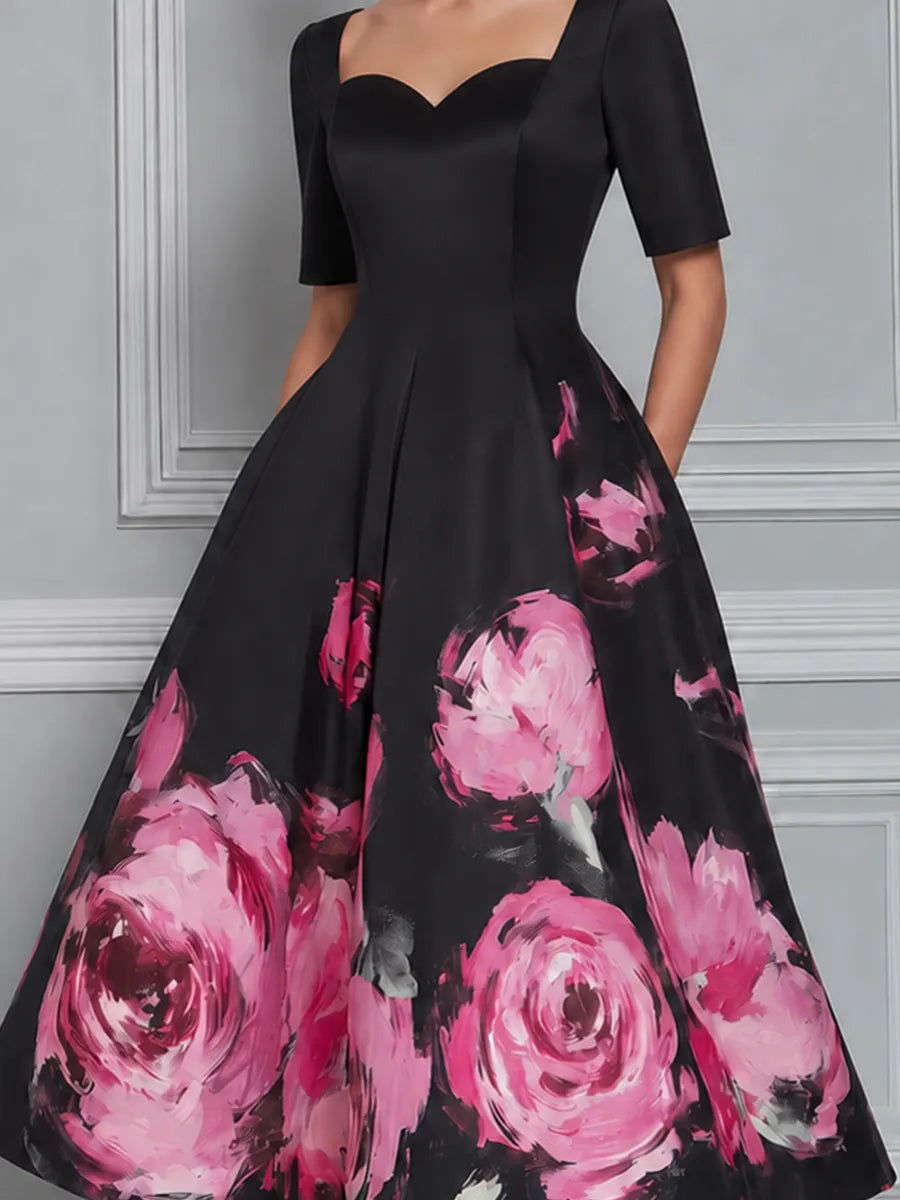 Black Watercolor Pink Rose Print Sweetheart Neck Fit And Flare Midi Dress