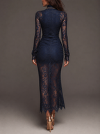 Romantic Bohemian High Neck Long Sleeve Ruched Side High Slit Scalloped Floral Lace Midi Bodycon Dress