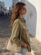 Casual Vacation Olive Green Leaf Embroidery Pocket Button Down Shirt