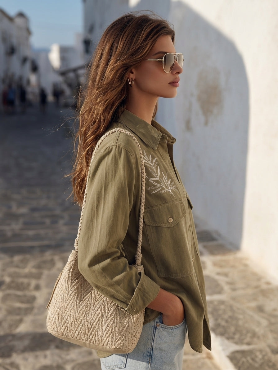 Casual Vacation Olive Green Leaf Embroidery Pocket Button Down Shirt