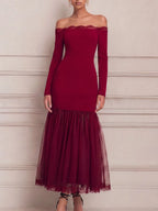 Red Dress Lace Trim Fall Wedding Guest Dress Off Shoulder Tulle Maxi Dress