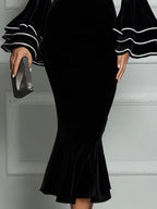 Velvet Mock-Neck Tiered Bell-Sleeve Mermaid Midi Dress