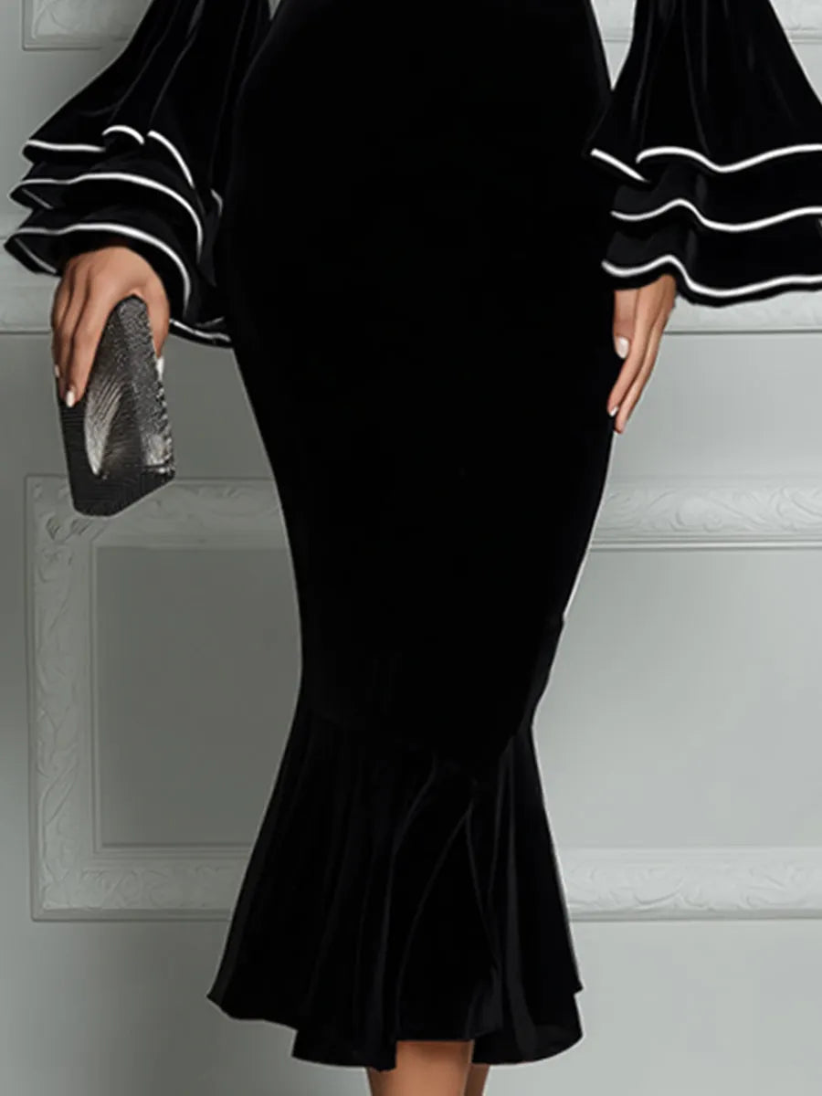 Velvet Mock-Neck Tiered Bell-Sleeve Mermaid Midi Dress