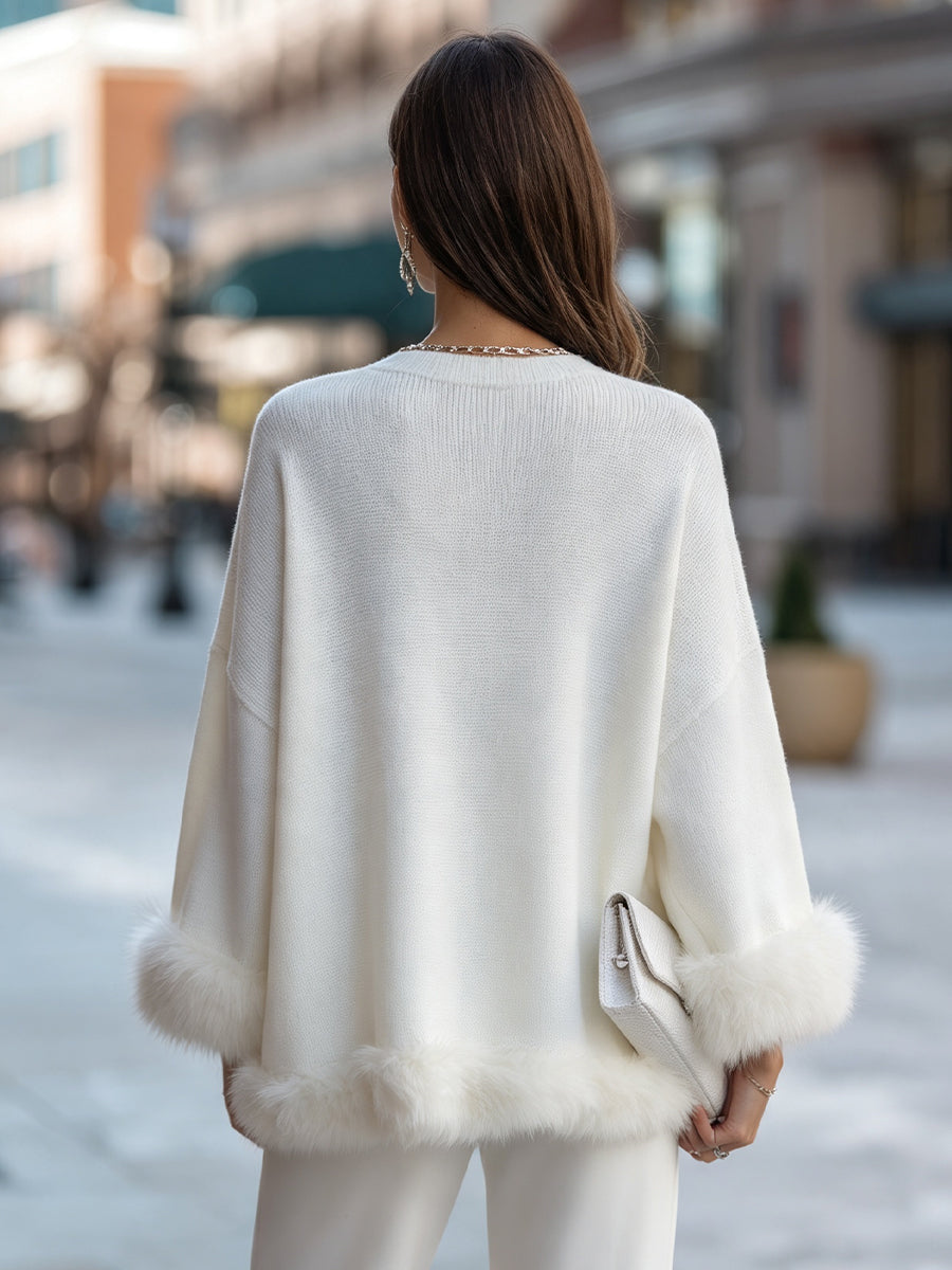 Elegant Faux Fur-Trimmed Knit Sweater
