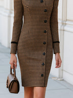 Houndstooth Tweed Midi Dress With Black Velvet Collar Trim For Office & Wedding Guest Occasions