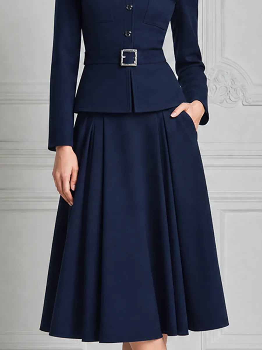 Navy Blue Color-Block Jacket And Pleated A-Line Skirt Set