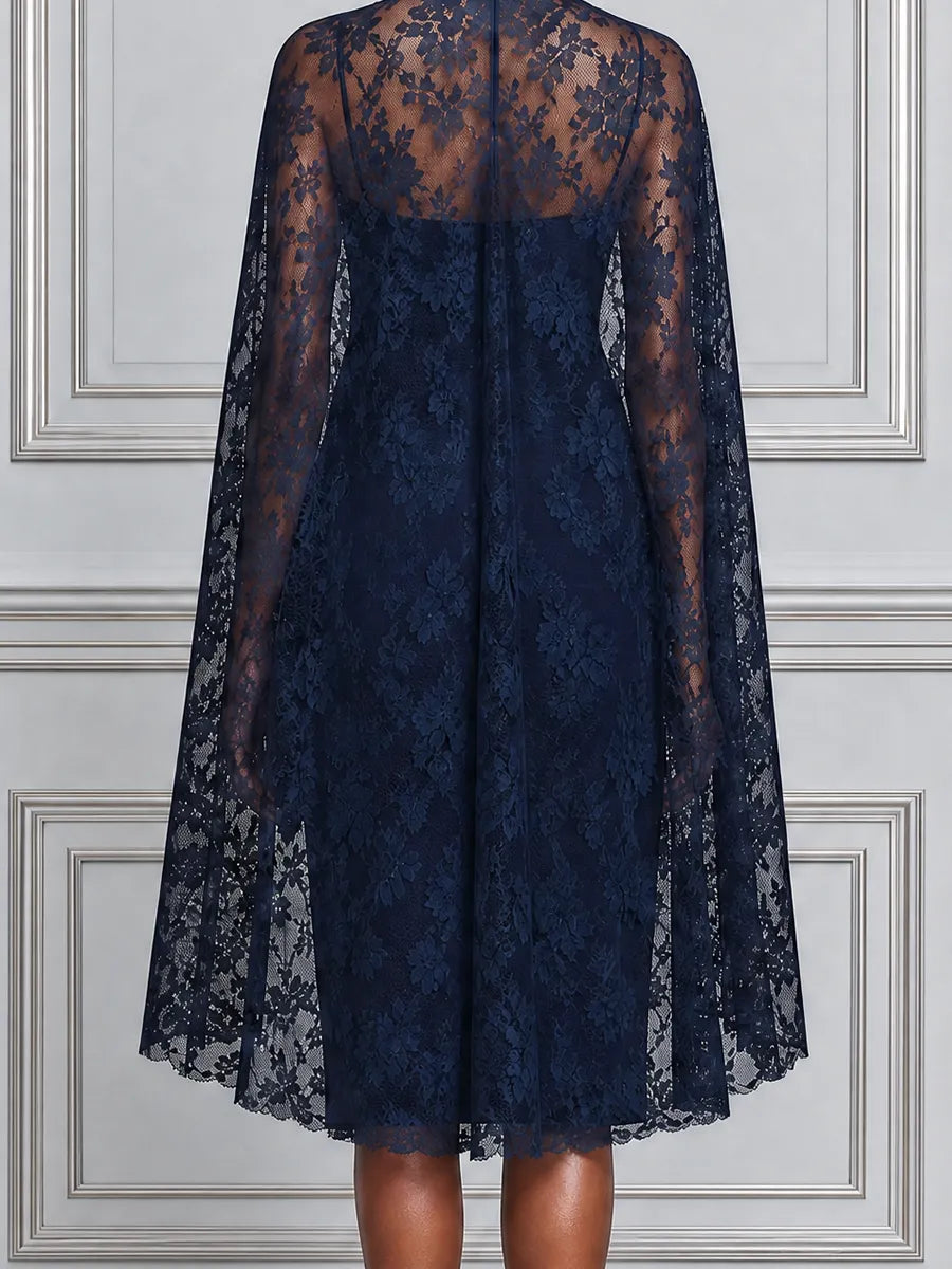 Navy Lace High Neck Keyhole Pencil Dress