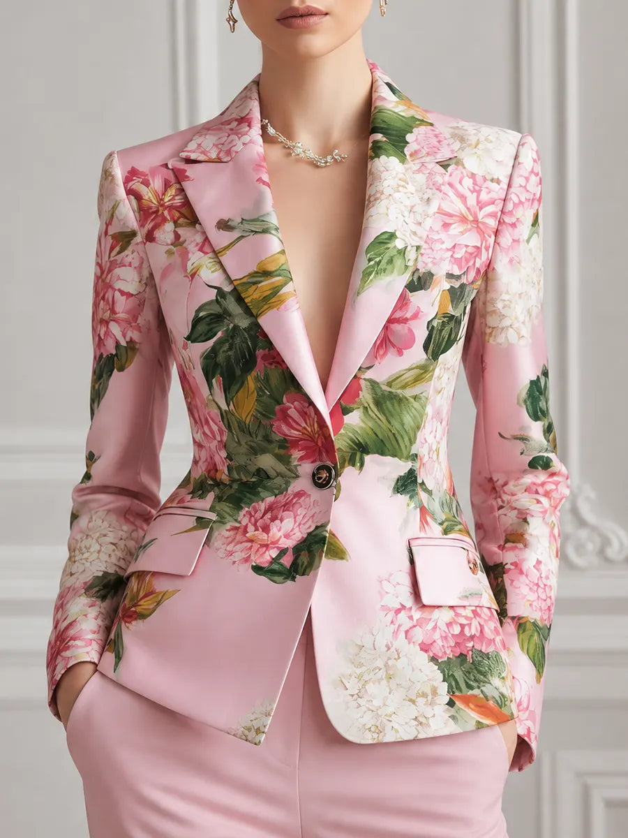 Pink Floral Satin Tailored Blazer