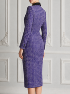Purple Tweed Dress Fall Wedding Guest Dress Black Lapel Blazer Midi Dress