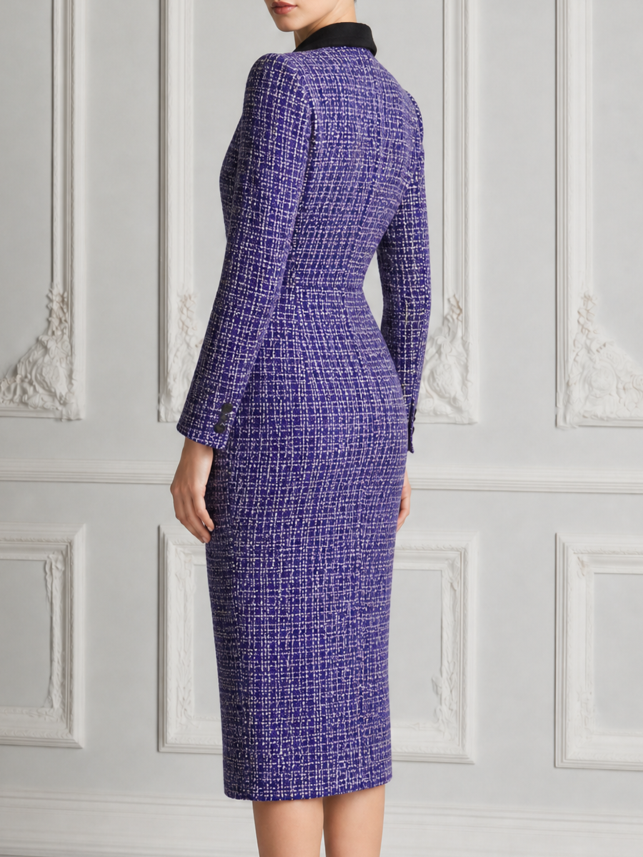 Purple Tweed Dress Fall Wedding Guest Dress Black Lapel Blazer Midi Dress
