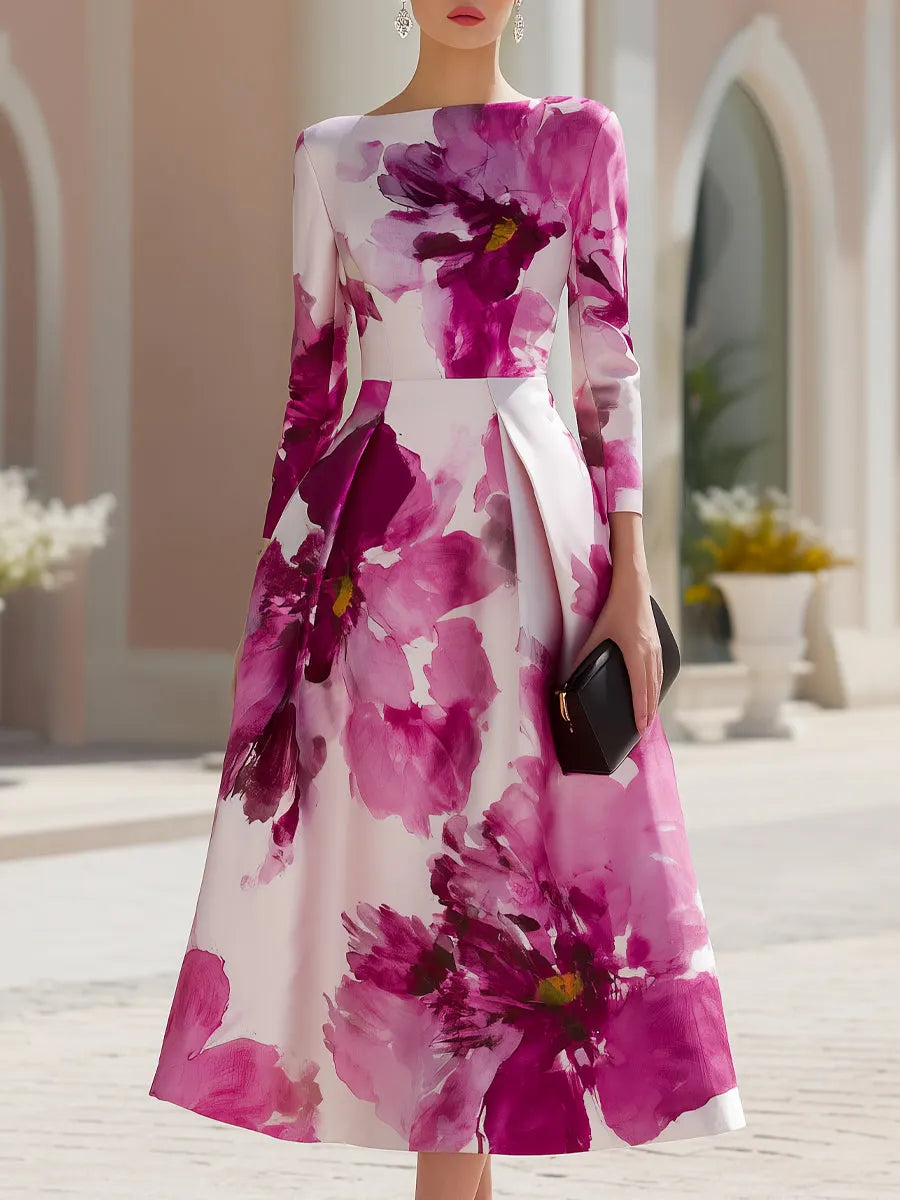 Floral Print Long Sleeve A-Line Midi Dress