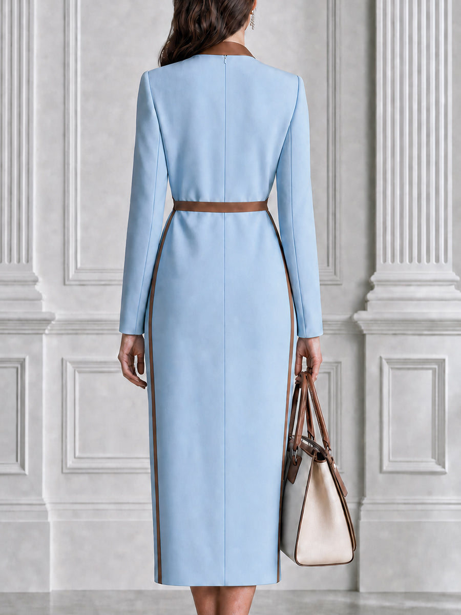 Contrast Trim Wrap Long Sleeves And Belt Midi Dress