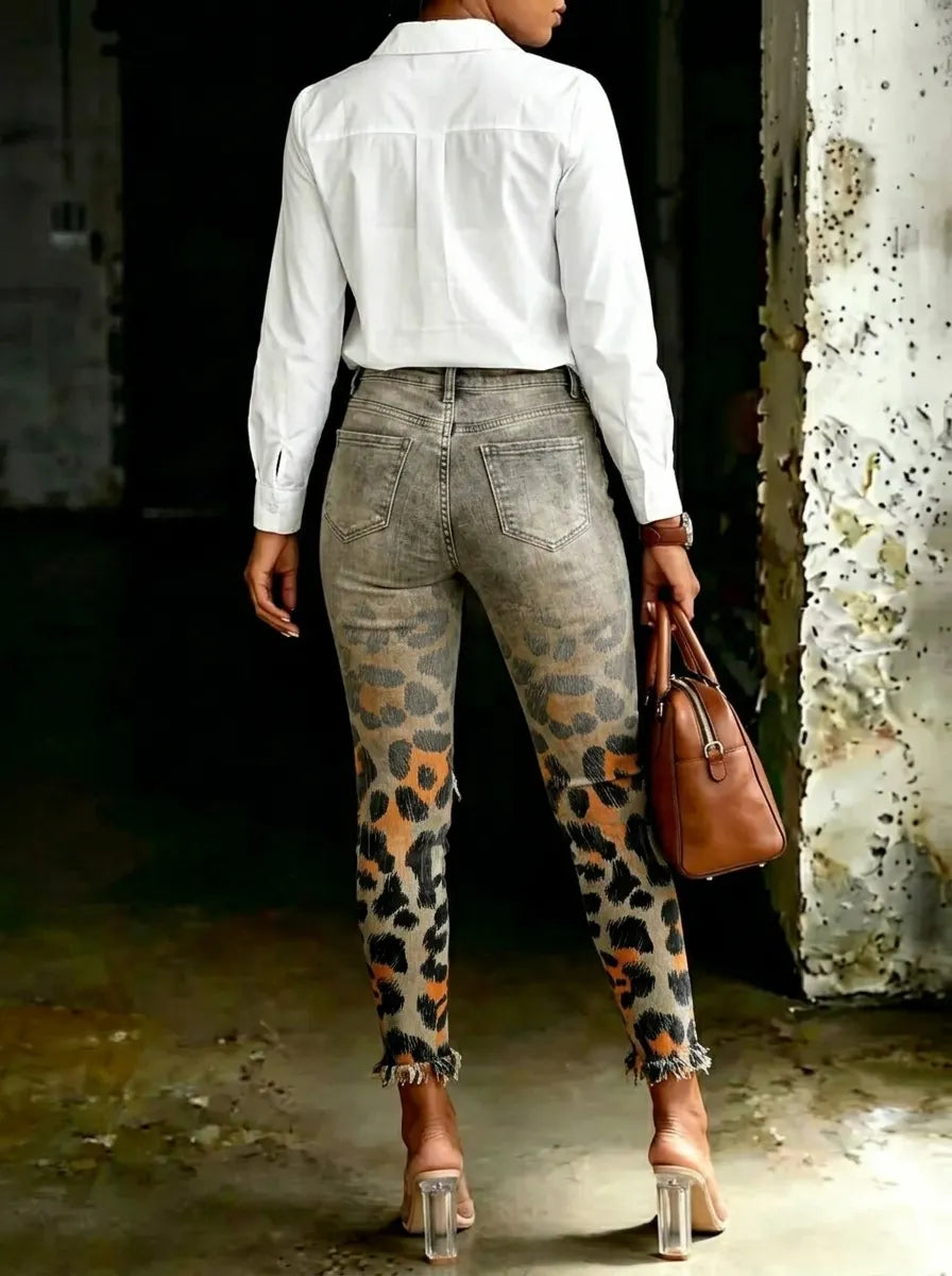 Women's Leopard Gradient Art Print Art Ripped Skinny Jeans