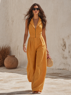 Bohemian Retro Western Lapel Sleeveless Cotton-Linen Jumpsuit