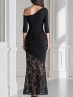 Asymmetrical Off Shoulder Ruched Floral Lace Hem Maxi Dress