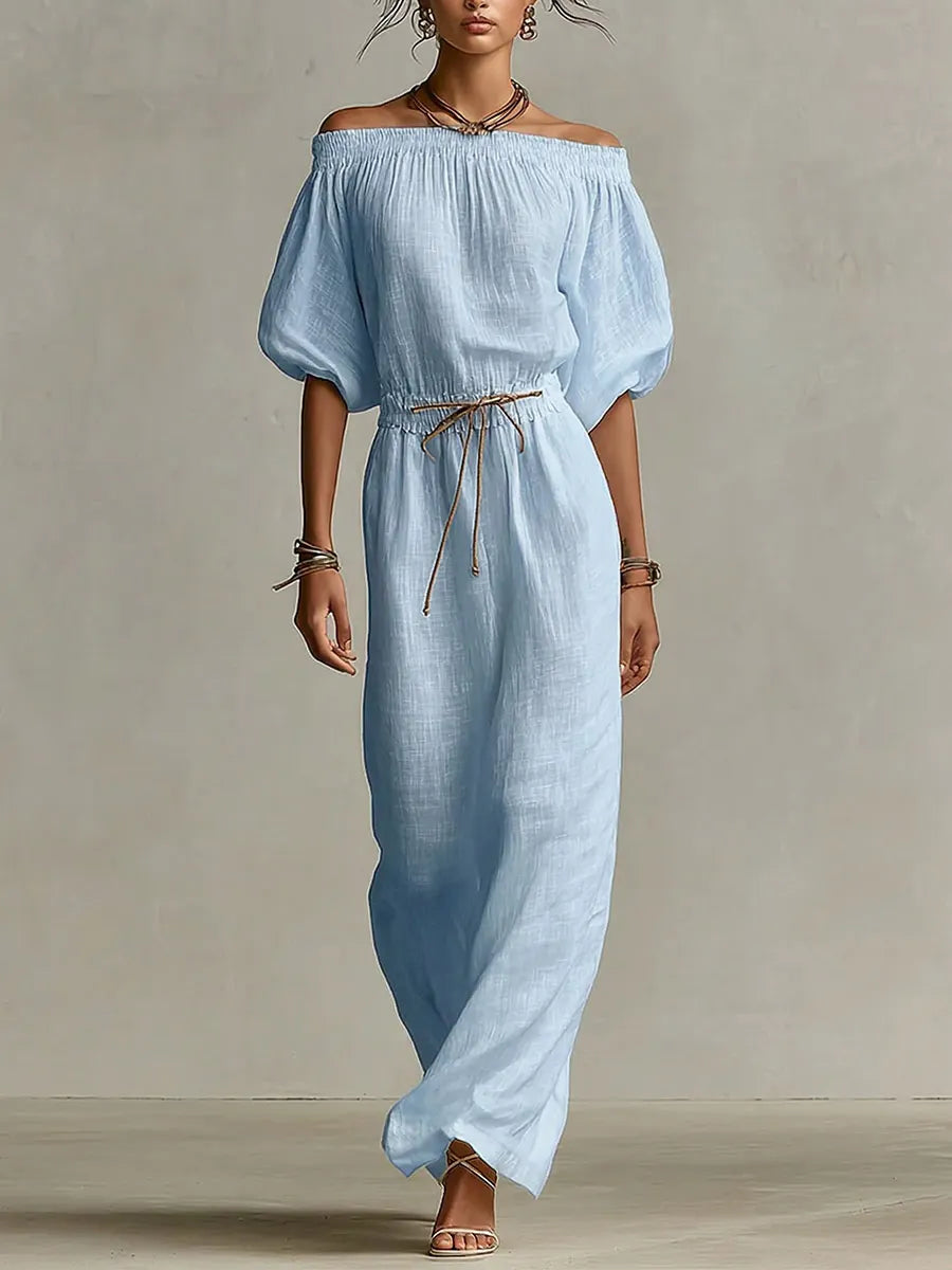 Women's Solid-color Off-the-shoulder 3/4-sleeve Casual Loose Cotton-linen Dress