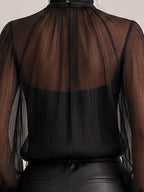 Black Sheer Pleated Chiffon High Neck Blouse