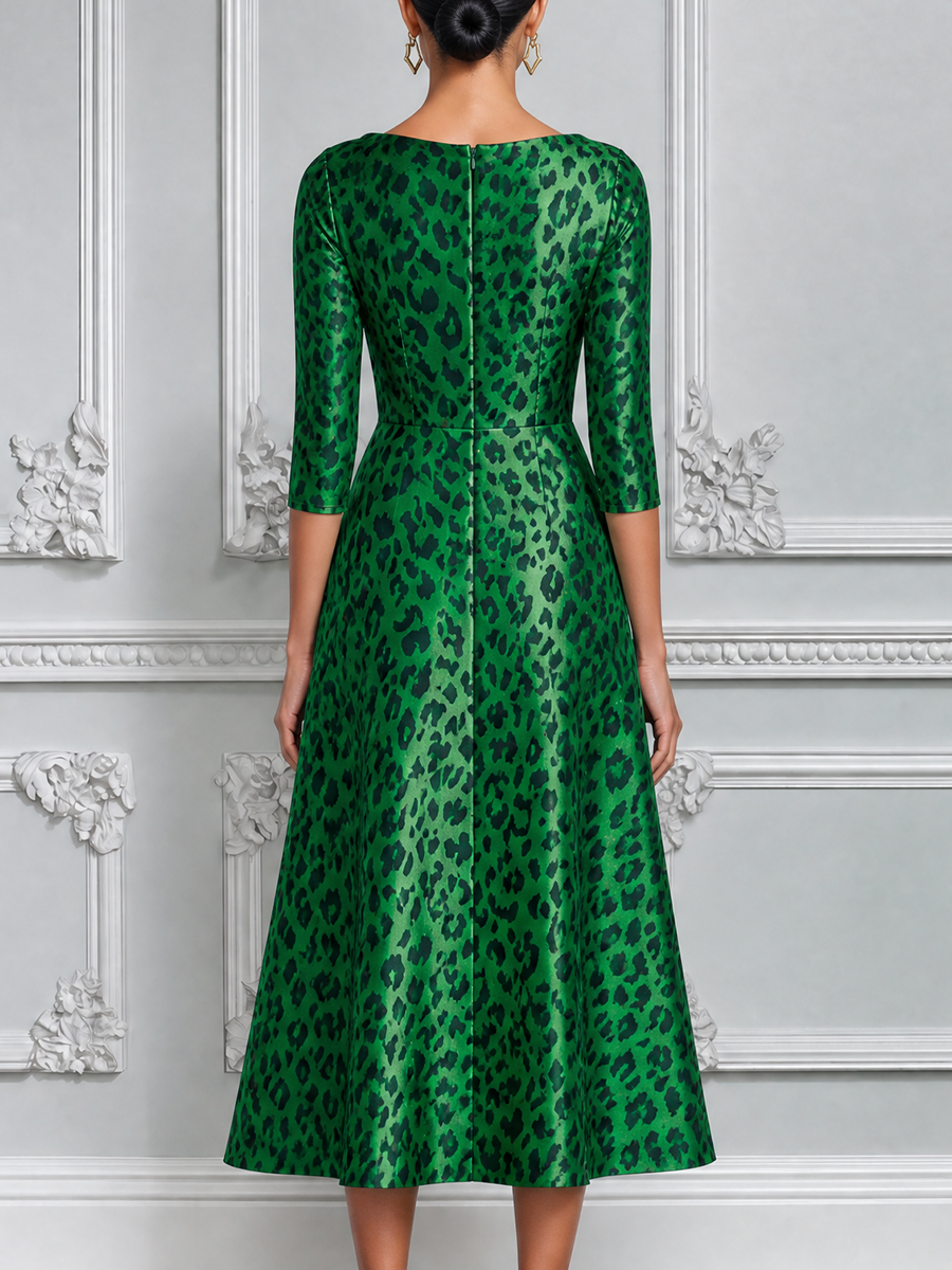 Emerald Green Leopard Print Cowl Neck A-Line Midi Dress