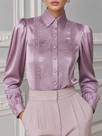 Mauve Satin Lace Puff Sleeve Button Front Blouse
