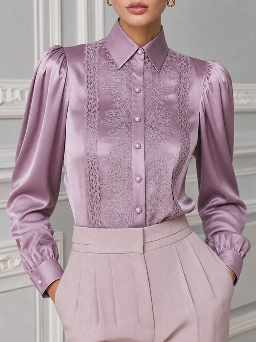 Mauve Satin Lace Puff Sleeve Button Front Blouse
